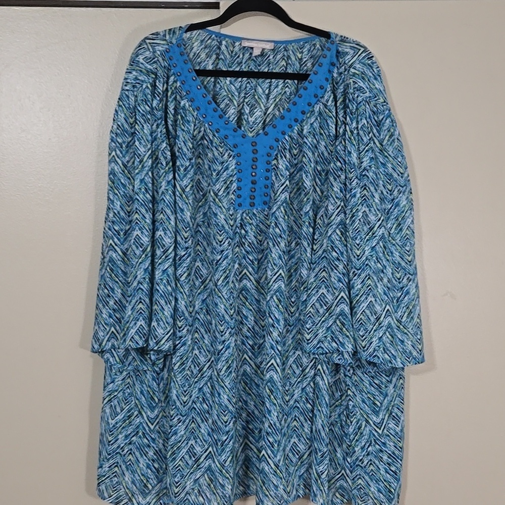Woman Within Vibrant Blue and Green Chevron Top Blouse Size 26/28 2X